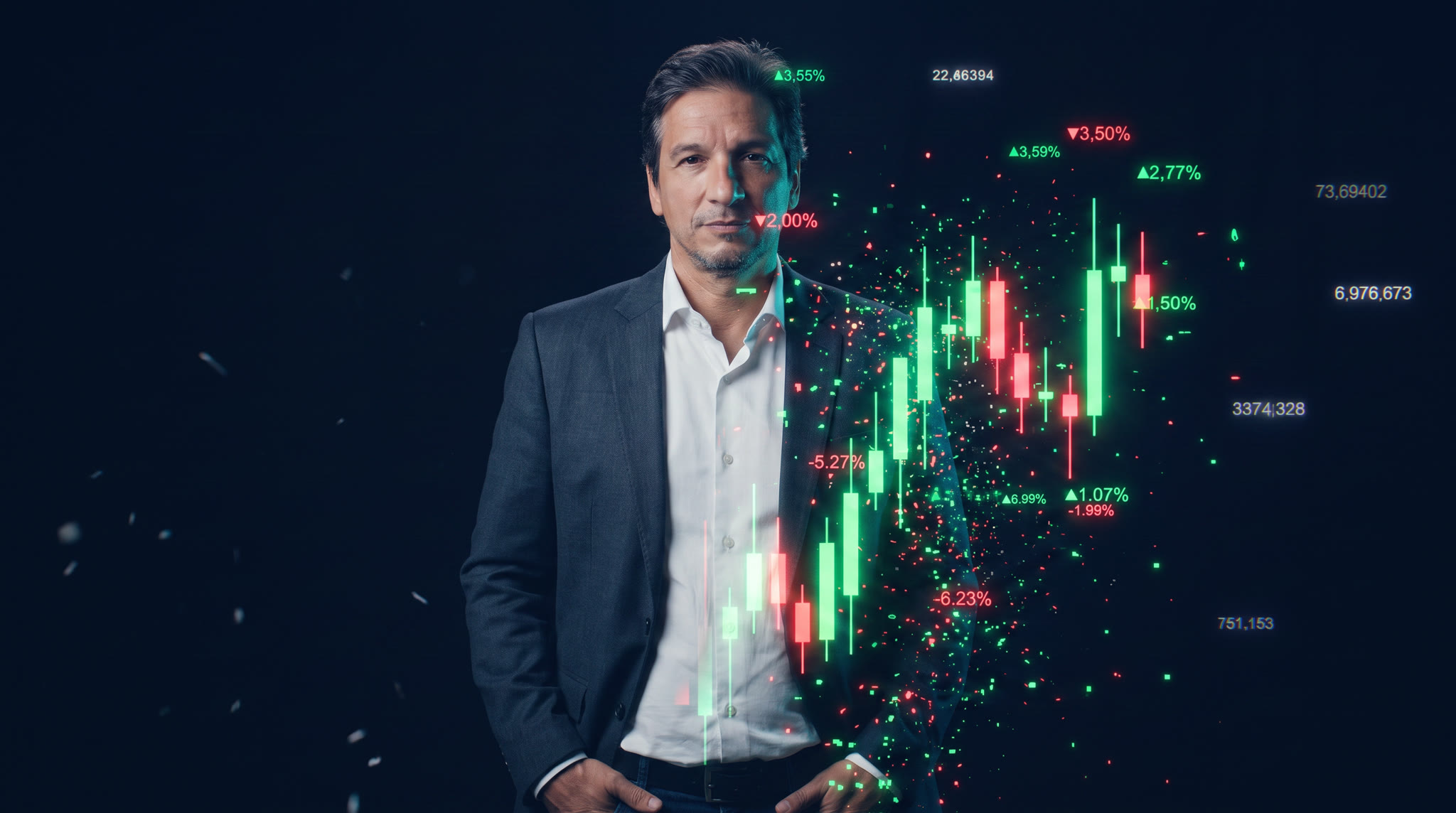 Milton Montanari de blazer, com metade do corpo dissolvendo-se em candles verdes e vermelhos