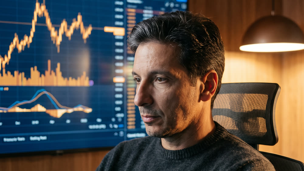Milton Montanari à mesa de operações, acompanhando gráficos no monitor